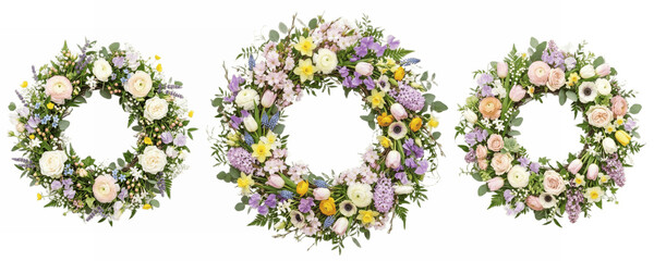 A Set of mixed spring floral wreath PNG frames, colorful garden blossoms and foliage in round shapes for invitations, logos, posters, seasonal decor and branding

