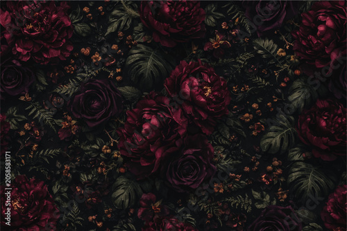 Obraz na plátně Dark moody botanical floral seamless wallpaper background with oversized peonies