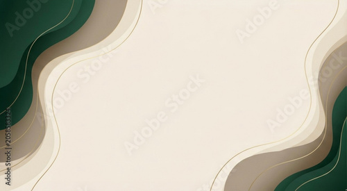 Elegant minimalist background with emerald green abstract waves and golden lines.
