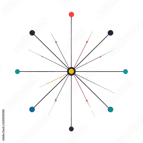 Fotografija Abstract radial pattern with colorful dots and lines emanating from center
