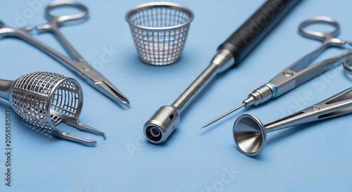 Stainless Steel Medical Surgical Instruments Arranged on Blue Sterile Surface