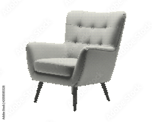 Photography Retro halftone armchair with tufted backrest and wooden legs isolated on white b