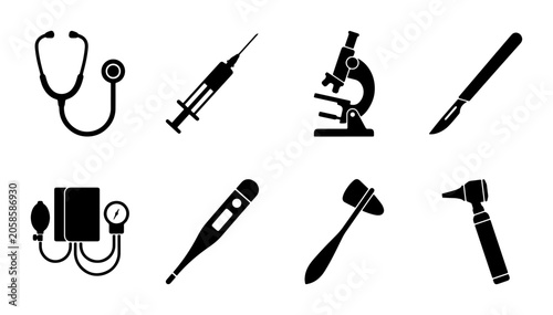 Bild auf Leinwand Medical Instruments Vector Icons Set: Stethoscope, Syringe, Microscope, Scalpel,