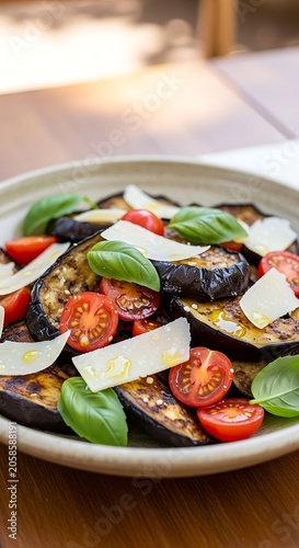 Fresh Grilled Eggplant Salad with Cherry Tomato Basil and Parmesan on Wooden Table