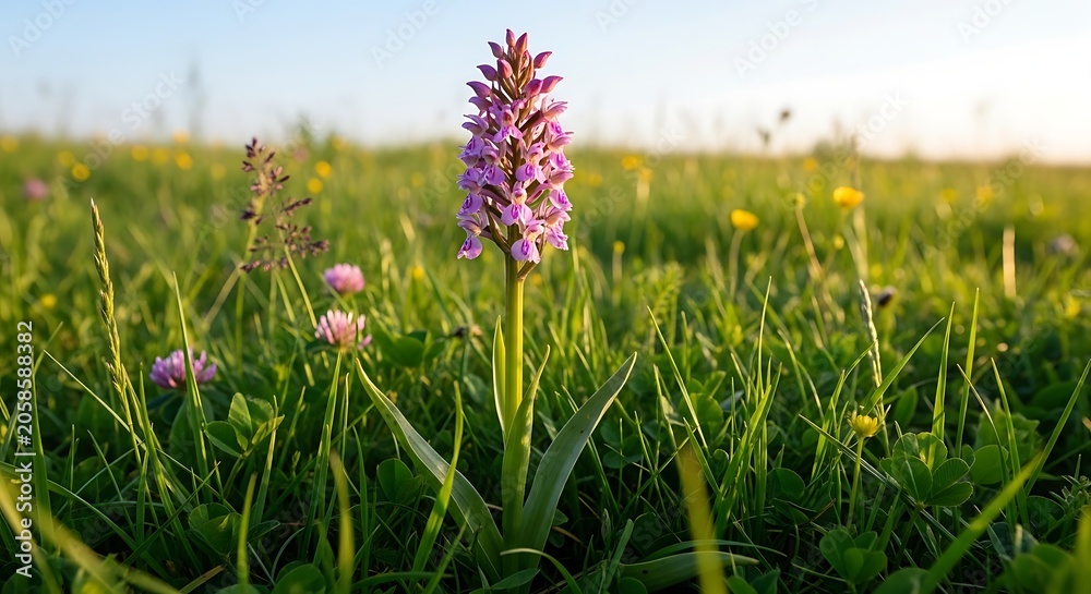 Obraz premium Purple Wild Orchid Blooming in Sunlit Green Meadow