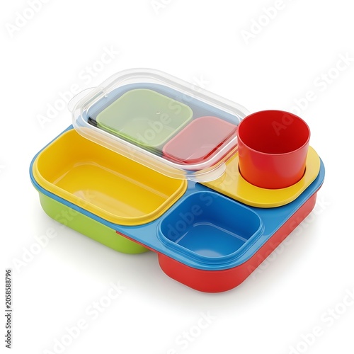Colorful Plastic Bento Lunch Box with Cup and Clear Lid on White Background