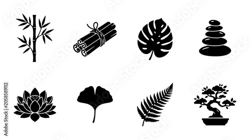 Photography Zen Icons Set: Bamboo, Cinnamon, Tropical Leaf, Stacked Stones, Lotus, Ginkgo, Fern, Bonsai Tree
