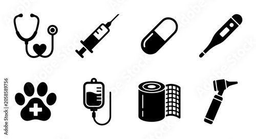 Foto Veterinary Medicine Icons: Stethoscope, Syringe, Pill, Thermometer, Paw Print, I