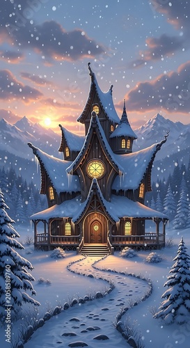 Whimsical Snow Covered Cottage Glowing at Sunset in Winter Mountain Forest