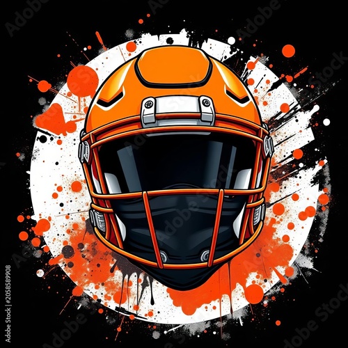 Illustrated orange football helmet with black face mask on splattered background, strength, speed