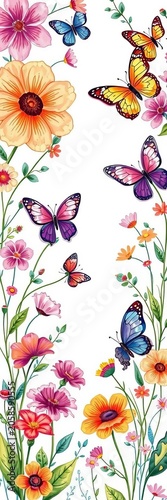Whimsical floral design with colorful butterflies and hand-drawn illustrations, wreath, nature-inspired