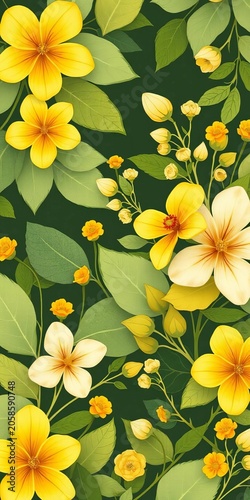 Whimsical floral design featuring delicate leaves and flowers in shades of green and yellow, whimsical art, seamless pattern