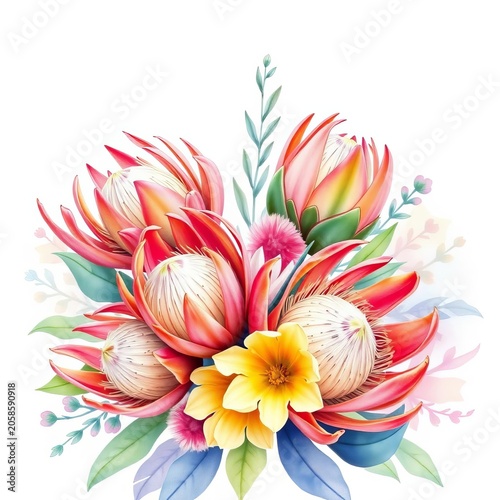 Watercolor floral arrangement featuring proteas in soft colors, poster, invitation
