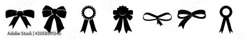 Konstfotografi Black decorative bows and ribbons with medals - Minimalist vector icons showing black bows, ribbons, and medal badges in a clean style for awards or decorations