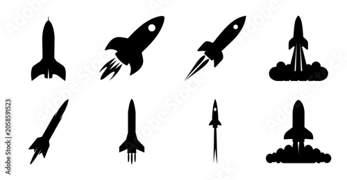 Black space rockets and launch icons set - A stylish collection of black rockets and launch icons in various designs, perfect for space and technology themes.