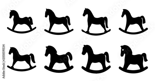 Black rocking horse icons in a row - Six black silhouette rocking horses arranged neatly in two rows of three, ideal for vintage or children's themes.