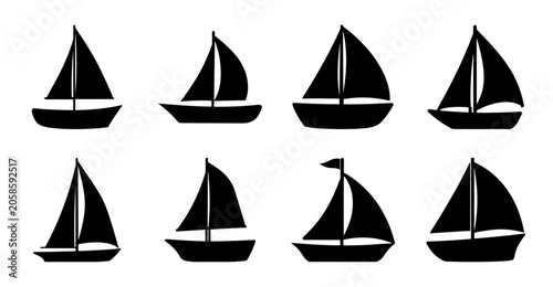 Set of eight black and white sailboat icons - Minimalist black and white sailboat icons arranged in two rows of four, simple and clean design for various graphic uses.