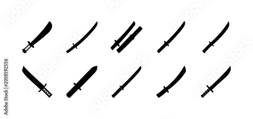 Tableau sur toile Black and white katana swords collection - Minimalist vector illustration of various traditional Japanese katana swords in black and white line art style
