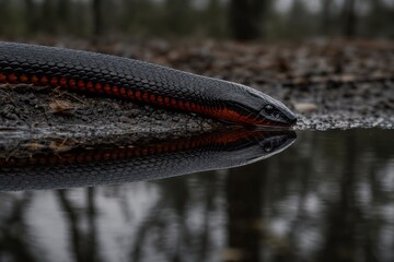 Red-bellied black snake lying near a puddle. Venomous Australian reptile with glossy scales reflecting in water. Dangerous wildlife in natural habitat. Macro photography of predator.