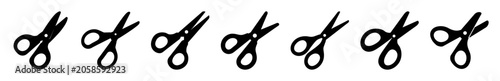 Scissors icon set in various angles and styles - A clean set of scissors icons shown in multiple orientations and slight design variations, ideal for digital and print projects.