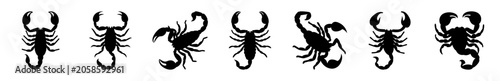 Foto Black scorpions line icon illustration - Six stylized black scorpions arranged in a row as a simple line icon set with a clean, bold design
