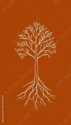 Simple line art of a tree with roots on a brown background, ||whimsical illustration, organic form