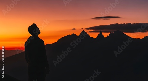 Silhouetted Person Standing Against Dramatic Mountain Sunset Landscape