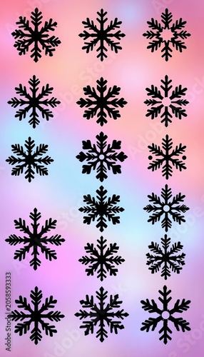 Set of various black snowflakes icons in different shapes, winter, vector