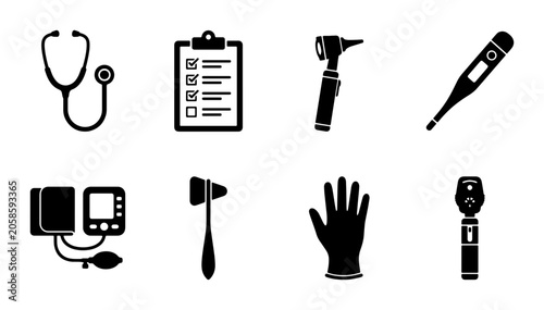 Schilderij op canvas Medical Icons Set: Stethoscope, Blood Pressure Monitor, Thermometer, Otoscope, R