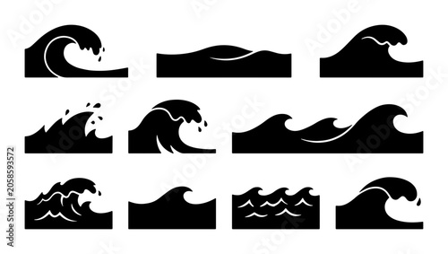 Fotografie Set of 12 Black Wave Icons, Ocean Water Surface Vector Graphics, Sea Swell and S