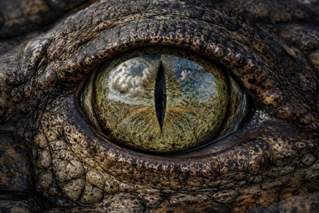 Extreme close up of crocodile eye. Australian predator staring with reflective iris showing cloud and wild outback landscape. Wildlife photography of dangerous reptile in nature habitat.