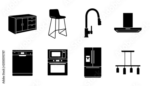 Photos Modern Kitchen Appliances Vector Icons Set, Contemporary Furniture & Fixtures, S