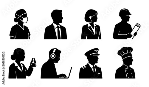 Bild auf Leinwand Diverse Professional Silhouettes: Healthcare, Business, Pilot, Chef, Engineer, S