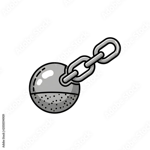 Gray Cartoon Wrecking Ball Attached to Metal Chain on White Background