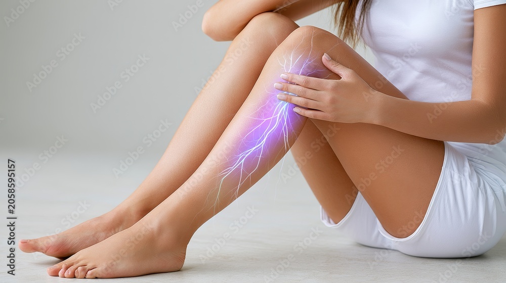 Fototapeta premium Young Woman Touching Painful Leg With Vein Overlay Illustrating Varicose Veins, Circulation Problems, and Vascular Health