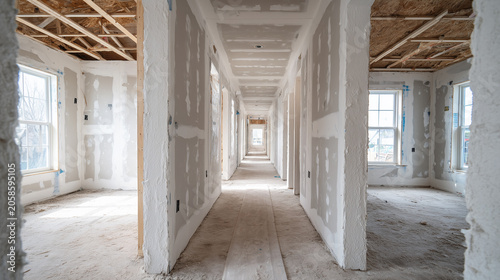 unfinished drywall interior corridor in residential house under renovation with natural sunlight and construction progress