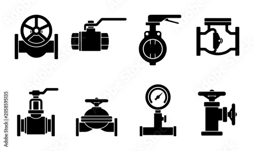 Obraz na płótnie Industrial Valves and Gauges Vector Icons Set, Plumbing and Fluid Control Equipm