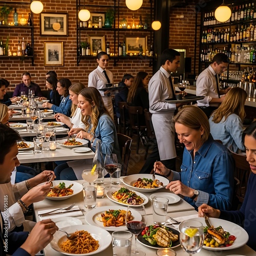 Busy Restaurant Diners Eating Pasta and Grilled Food in Warm Brick Walled Dining Room