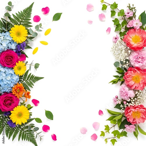 Colorful Fresh Flower Border Arranged Around White Background