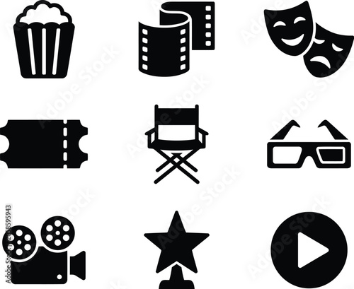 Entertainment and cinema icons including popcorn film reel masks ticket director chair 3D glasses film camera star and play button vector art