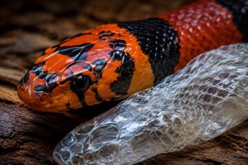 False water cobra with its shed snake skin on tree bark. Australian dangerous animal closeup. Wildlife macro photography of exotic reptile in natural habitat environment nature study.