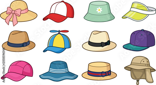 Hat and Cap Vector Collection with Summer Straw Hat Baseball Cap Bucket Hat and Visor Symbols for Fashion Retail Travel Apps and Outdoor Lifestyle Designs