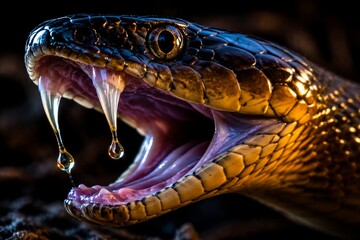 Inland taipan snake with open mouth and dripping venom. Dangerous Australian reptile in macro shot. Wildlife predator photography depicting aggressive nature and lethal toxin focus.