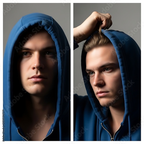 Serious Young Man in Blue Hoodie Posing in Dramatic Studio Portrait Diptych