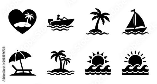 Cuadro en lienzo Summer Vacation Icons Set: Beach, Island, Sun, Sea, Travel, Boat, Sailboat, Rela