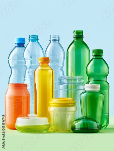 Plastic Bottles and Containers With Recycle Symbol Show Sustainable Packaging, Reuse, Waste Reduction, and Circular Economy
