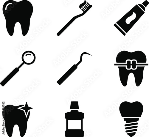 Dental hygiene and care icons including tooth brush toothpaste dental mirror probe braces implant and mouthwash for oral health awareness and clinic services