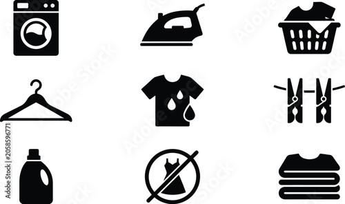 Laundry and garment care icons collection including washing machine iron basket hanger wet shirt clothesline detergent and no dress symbol vector art