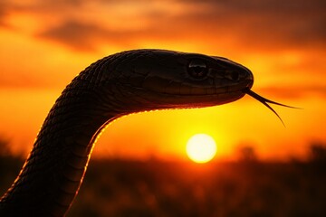Black mamba snake silhouette against sunset. Dangerous Australian wildlife predator showing tongue. Reptile in natural habitat. Wildlife concept for nature photography and education.