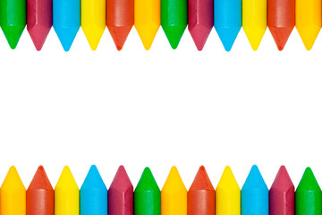 Horizontal top and bottom border frame of colorful wax crayons isolated on clean transparent background png copy space template